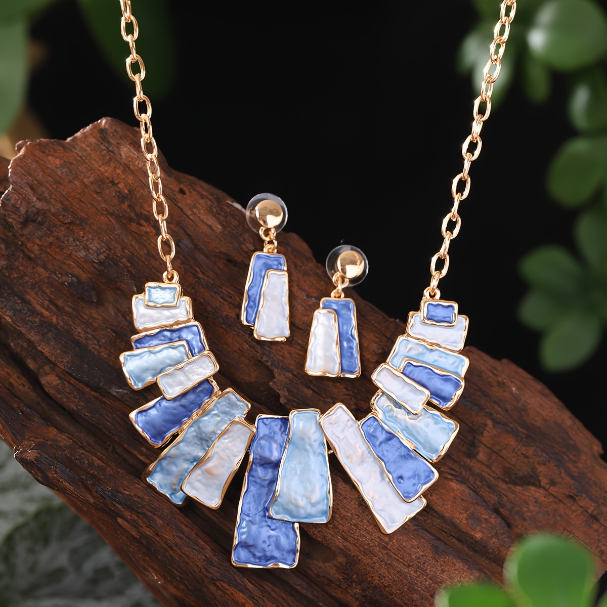 Geometric Japanese Earrings & Khaki Necklace Set
